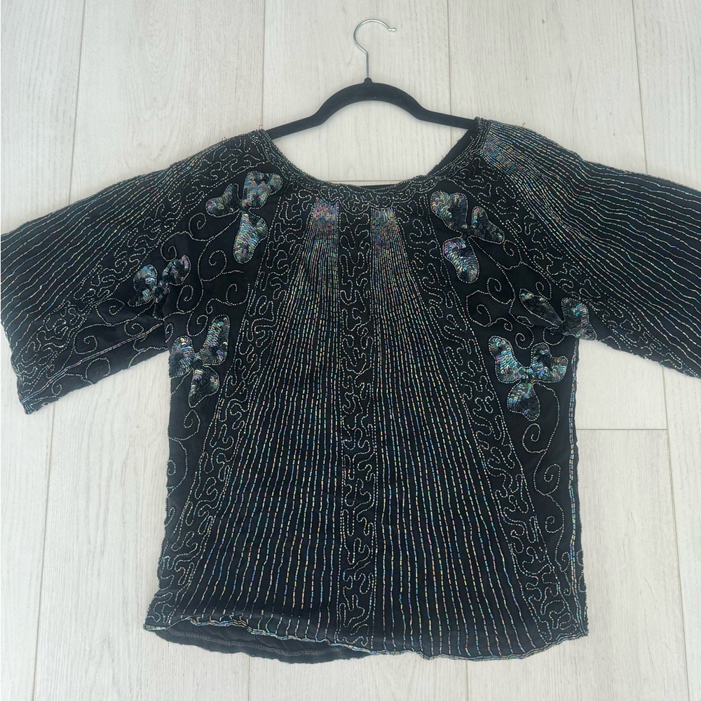 Holographic Oleg Cassini Silk Beaded Shirt